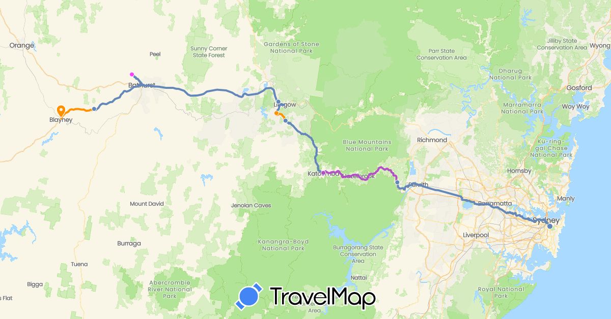 TravelMap itinerary: cycling, train, hitchhiking, rest days in Australia (Oceania)