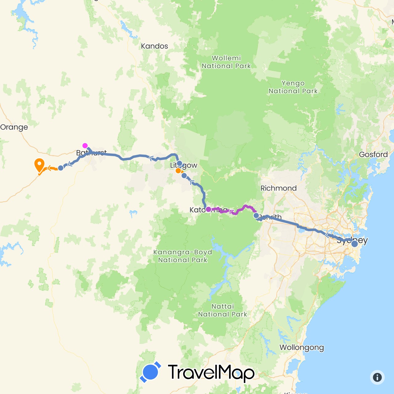 TravelMap itinerary: cycling, train, hitchhiking, rest days in Australia (Oceania)