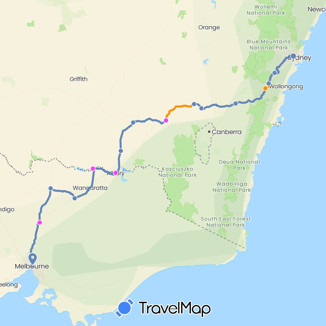 TravelMap itinerary: cycling, hitchhiking, rest days in Australia (Oceania)