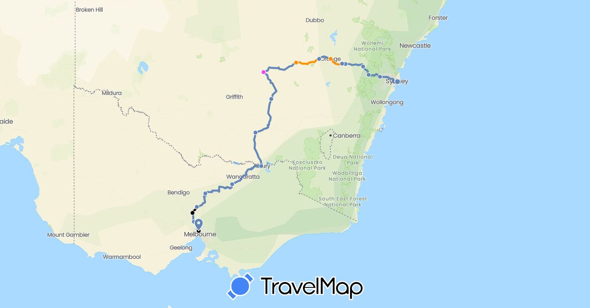 TravelMap itinerary: cycling, hitchhiking, rest days, sag vehicle in Australia (Oceania)