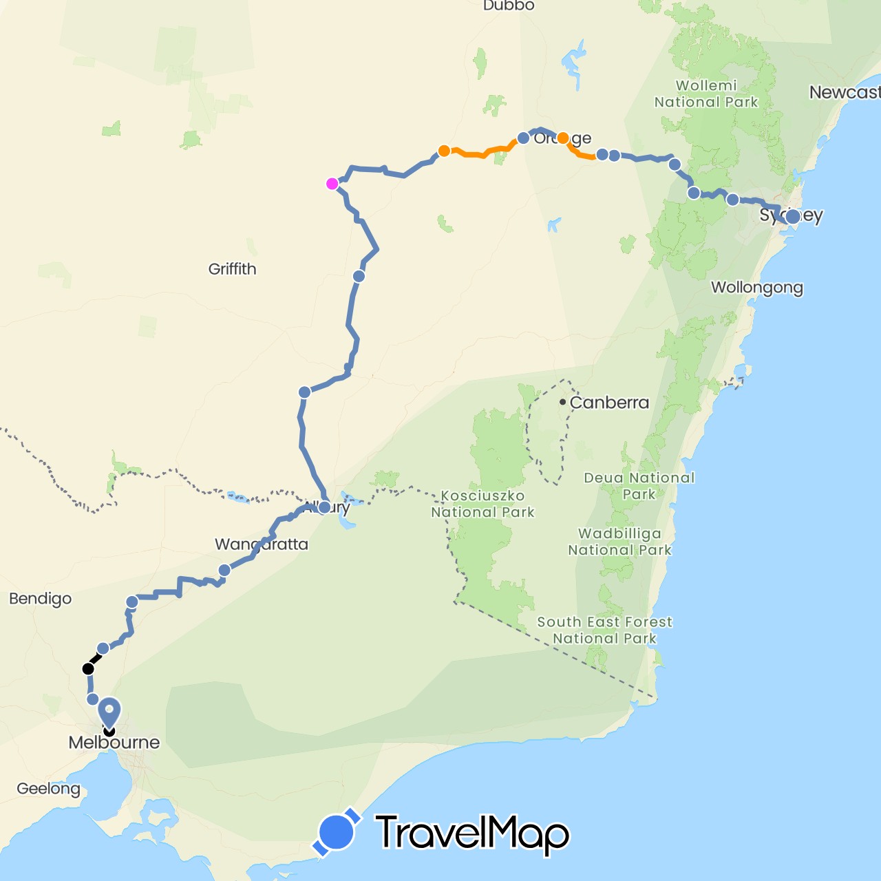 TravelMap itinerary: cycling, hitchhiking, rest days, sag vehicle in Australia (Oceania)